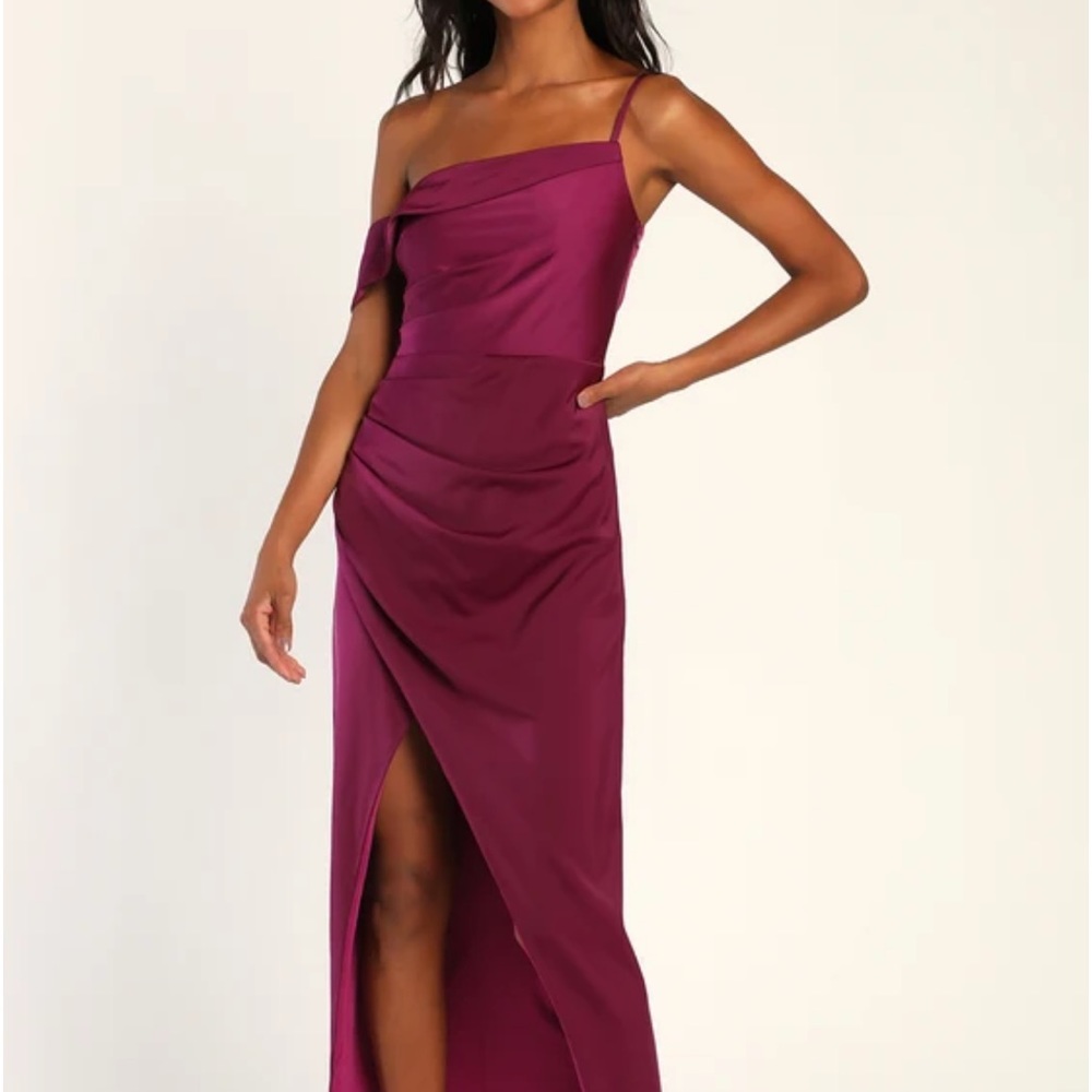 Lulus Magenta Asymmetrical Tulip Midi Dress